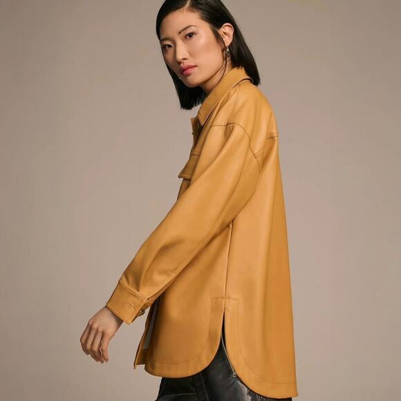 Anthropologie Maeve Faux Leather Shirt Jacket SIZE L Tan Gold Shacket Pocket - Picture 16 of 16